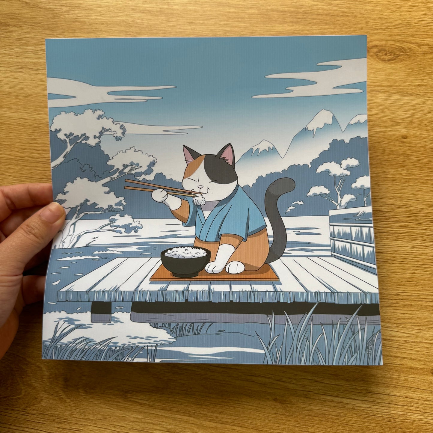 Bloomost Cute Cat in Kimono Poster – Anime Art Poster with Peaceful Rice Meal and Scenic View