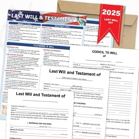 Last Will and Testament Kit 2025, Legal Will, Trust Forms for Estate Planning, Do It Yourself Kit, Peace of Mind, Includes 2 Forms, Codicil Guide, Printable Information Sheet, Kraft Envelopes